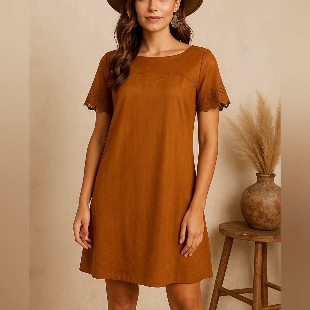 Signature Collection Faux Suede Dress Size M Rust Brown Boho Western Shift